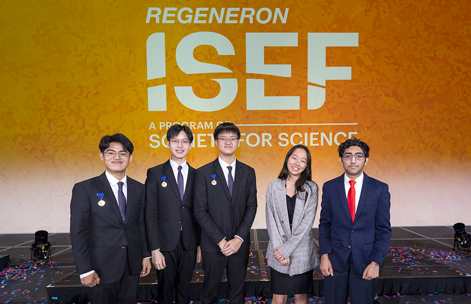 ISEF 2023 Grand Awards Ceremony - Dallas, Texas - Top Award Winners: Kaitlyn Wang (Grand Award Winner), Saathvik Kannan, Teepakorn Keawumdee, Pannathorn Siri, and, Poon Trakultangmun